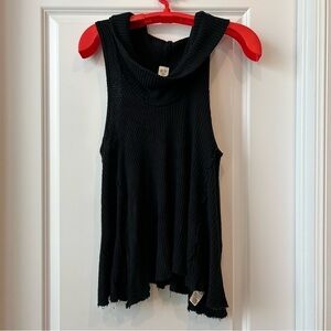 We the Free Black Cowl Neck Sleeveless Top Sz L Exposed Seams Waffle Knit f